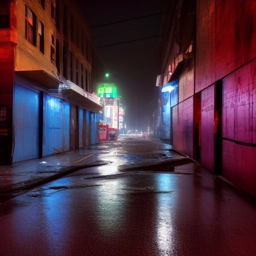 00951-259173004-a photo of a cyberpunk intersection, on a wet night, with alleyways, dumpsters, bins, fire escapes, a loading dock, neon, trash,.webp